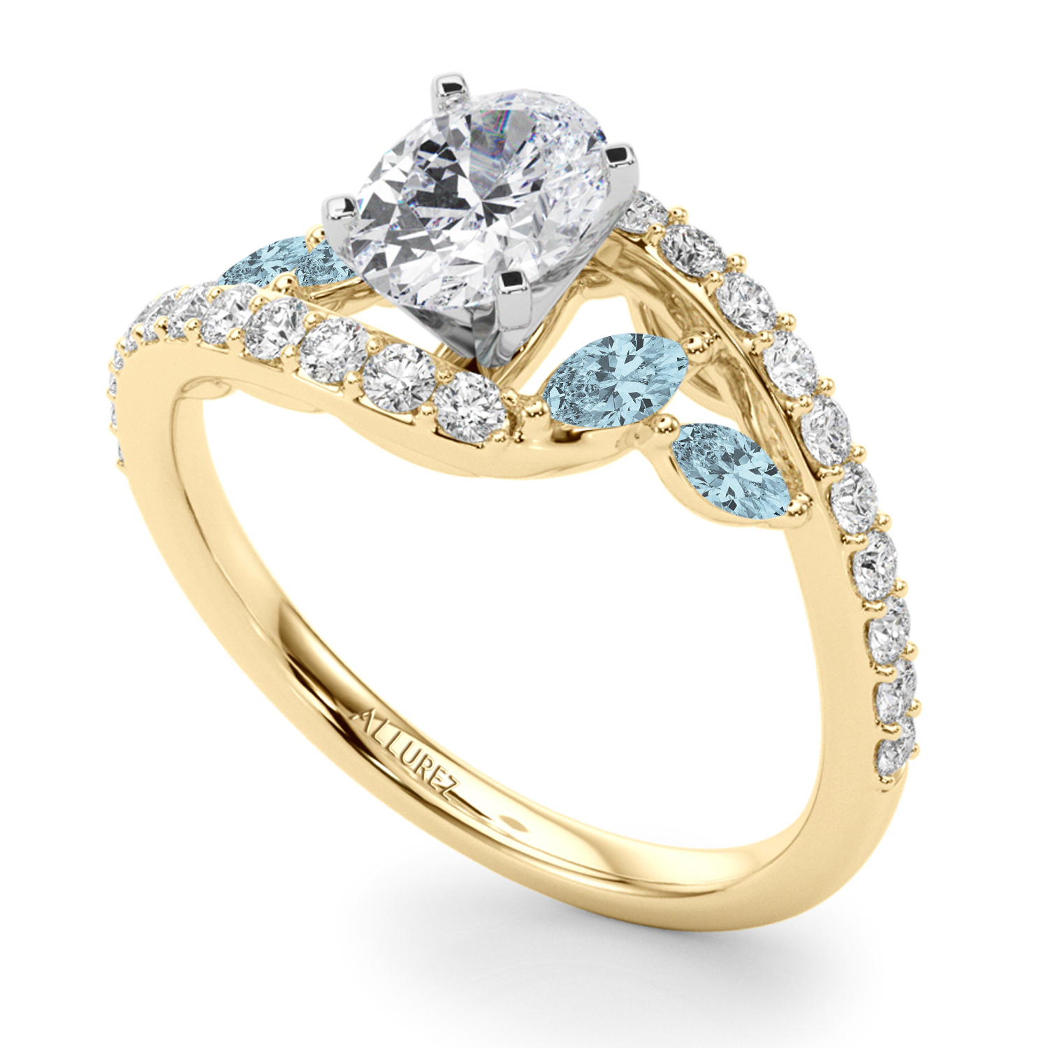 Swirl Design Diamond & Marquise Aquamarine Engagement Ring 18K Yellow Gold (0.63ct)